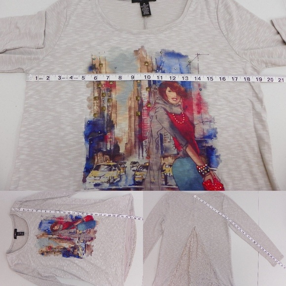 Style & Co Scoop Neck Lace Back Graphic Top Grey - Picture 2 of 4